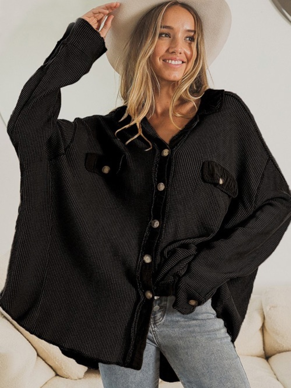 Oversized Black Button-Front Knit Sweater Shirt Shacket